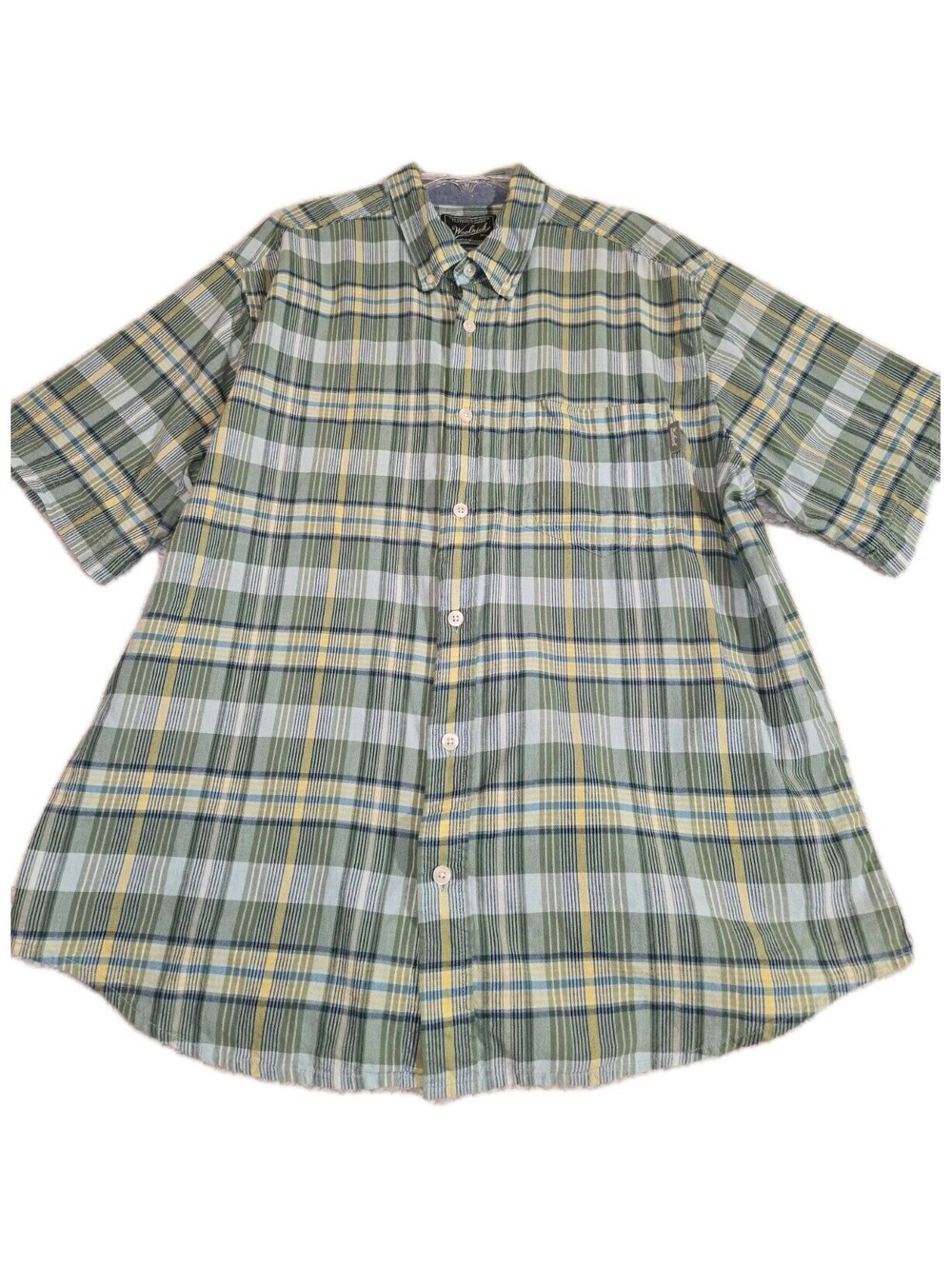 Woolrich Shirt Mens Medium Short Sleeve Button Up Plaid Green Cotton